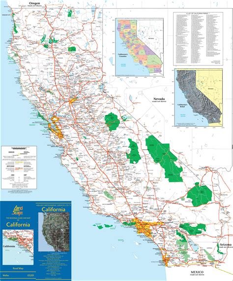Large detailed map of California with cities and towns.